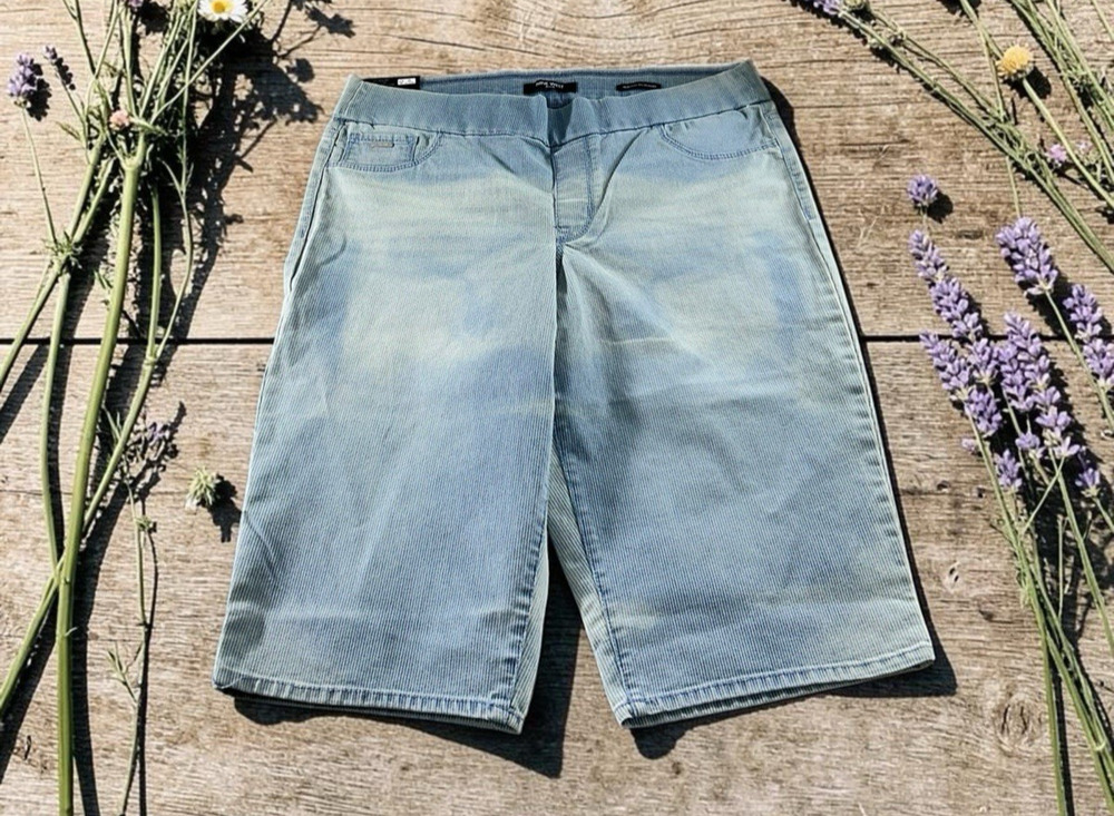 Nine West Heidi Pull On Skimmer Jean Shorts Sz 14 Distressed Striped Denim New